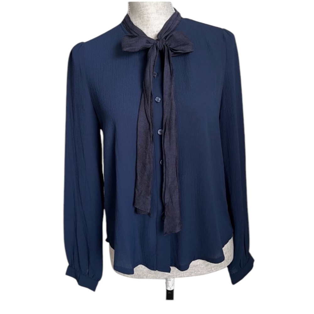 Sister Jane Bow Tie Blouse Long Sleeve Top Small Blue NWT